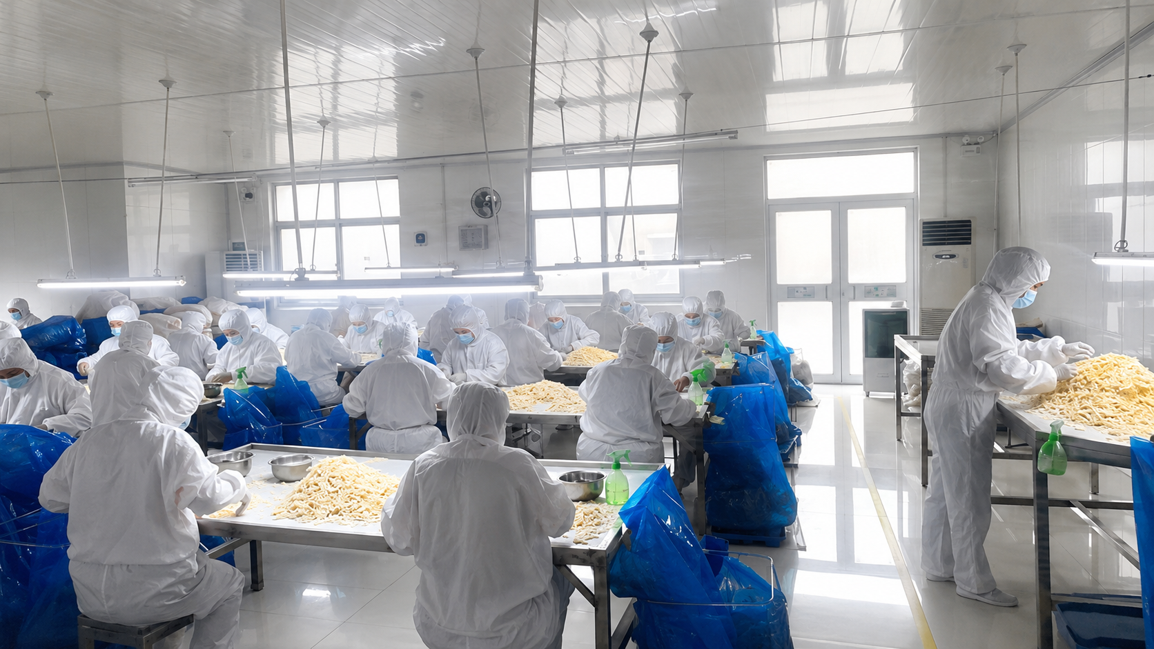 Hand sorting and visual inspection of garlic flakes at Yuminaga processing facility